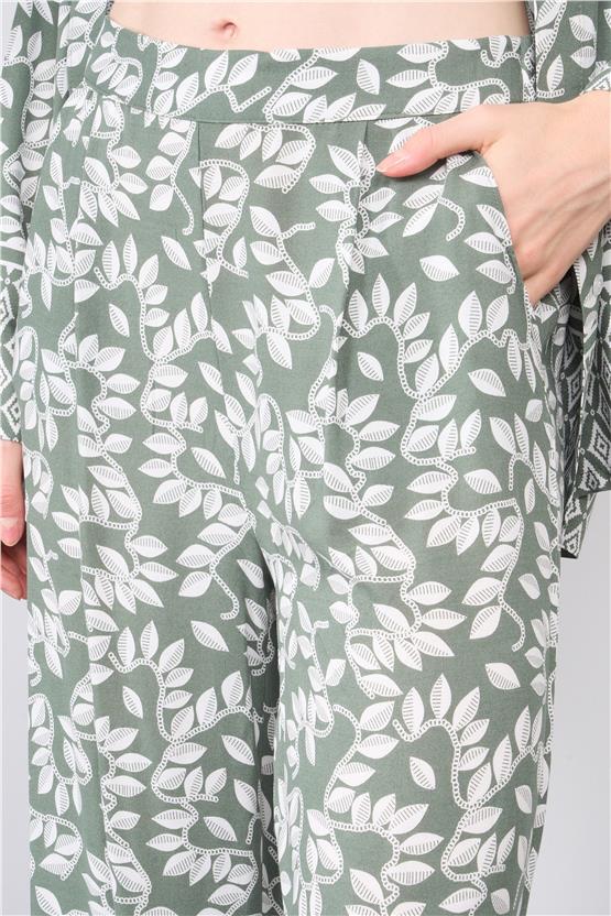 Fithit 7018 Bayan Geniş Paça Viskon Pantolon Yeşil Üzeri Eteği Sulu Krem Yaprak