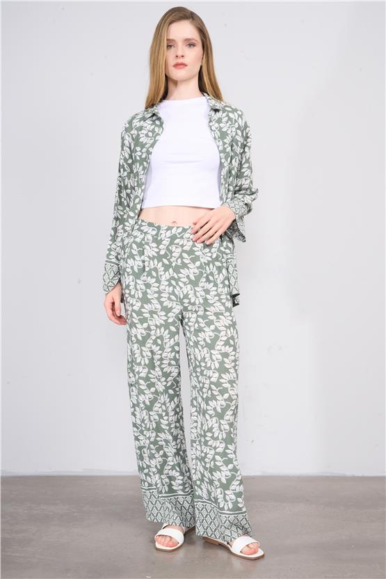 Fithit 7018 Bayan Geniş Paça Viskon Pantolon Yeşil Üzeri Eteği Sulu Krem Yaprak