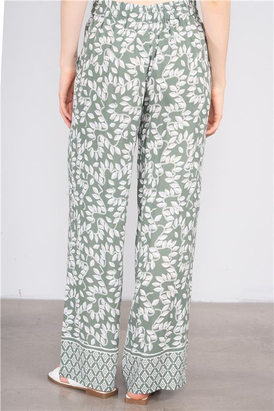 Fithit 7018 Bayan Geniş Paça Viskon Pantolon Yeşil Üzeri Eteği Sulu Krem Yaprak