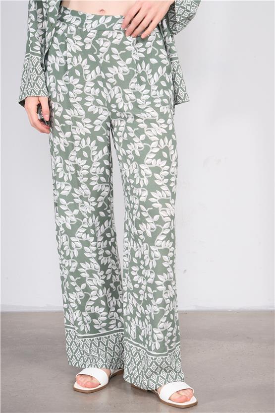 Fithit 7018 Bayan Geniş Paça Viskon Pantolon Yeşil Üzeri Eteği Sulu Krem Yaprak