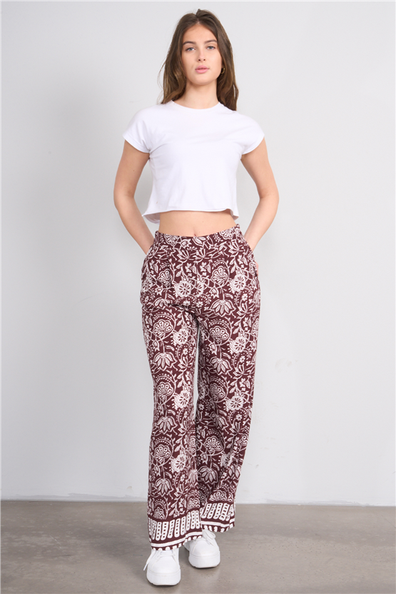 Fithit 7018 Bayan Viskon Geniş Paça Pantolon Kahve Üzeri Eteği Sulu Desen