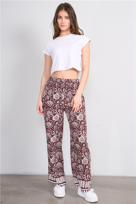 Fithit 7018 Bayan Viskon Geniş Paça Pantolon Kahve Üzeri Eteği Sulu Desen