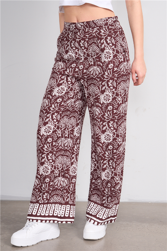 Fithit 7018 Bayan Viskon Geniş Paça Pantolon Kahve Üzeri Eteği Sulu Desen