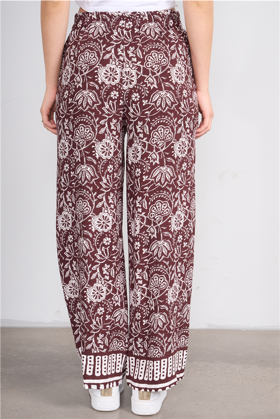 Fithit 7018 Bayan Viskon Geniş Paça Pantolon Kahve Üzeri Eteği Sulu Desen