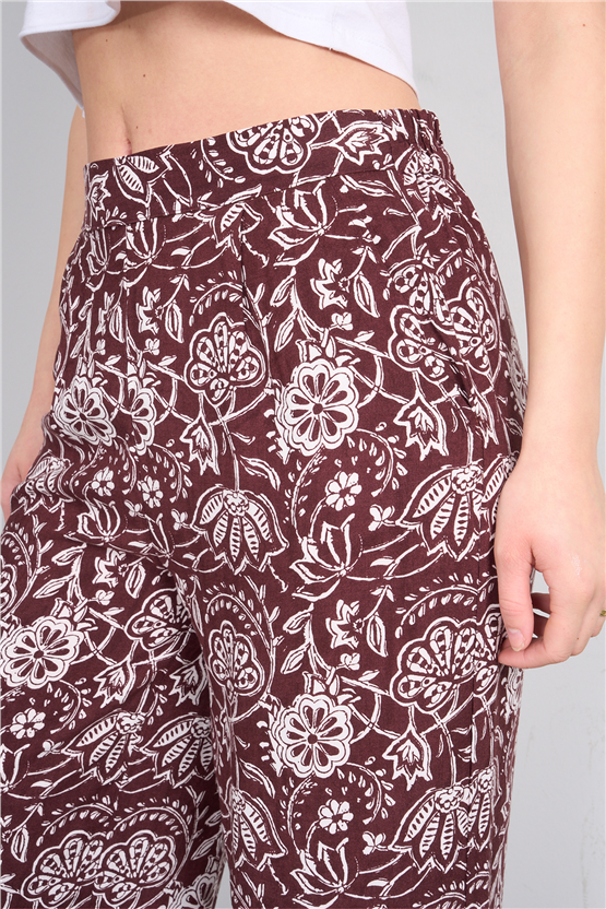 Fithit 7018 Bayan Viskon Geniş Paça Pantolon Kahve Üzeri Eteği Sulu Desen