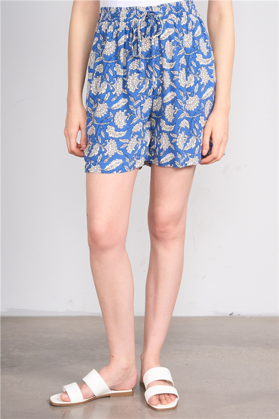 Fithit 7026R Kadın Geniş Paça Viskon Şort İndigo Üzeri Eteği Sulu Desen