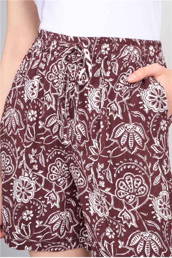 Fithit 7026R Kadın Geniş Paça Viskon Şort Kahve Üzeri Eteği Sulu Desen