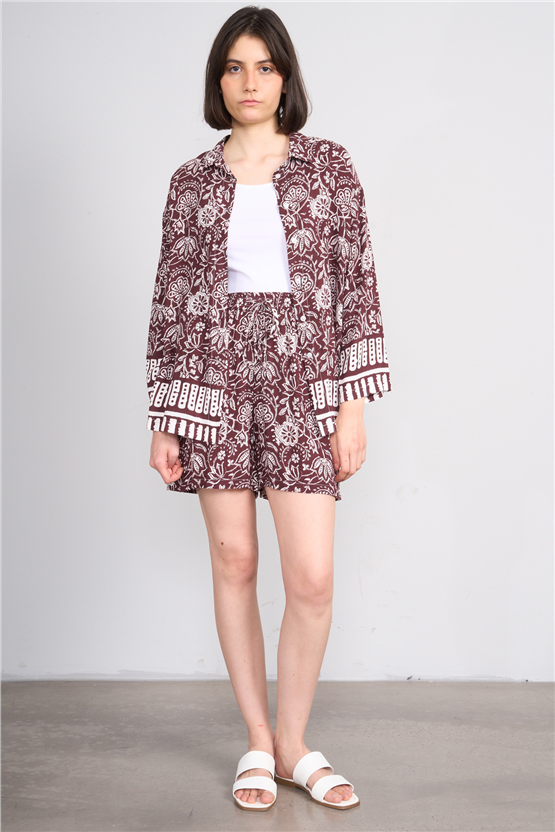 Fithit 7026R Kadın Geniş Paça Viskon Şort Kahve Üzeri Eteği Sulu Desen