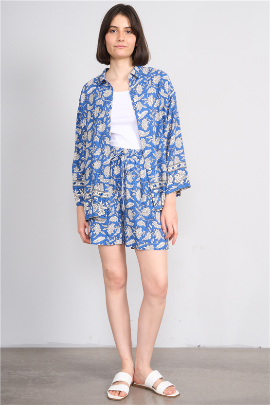 Fithit 7026R Kadın Geniş Paça Viskon Şort İndigo Üzeri Eteği Sulu Desen