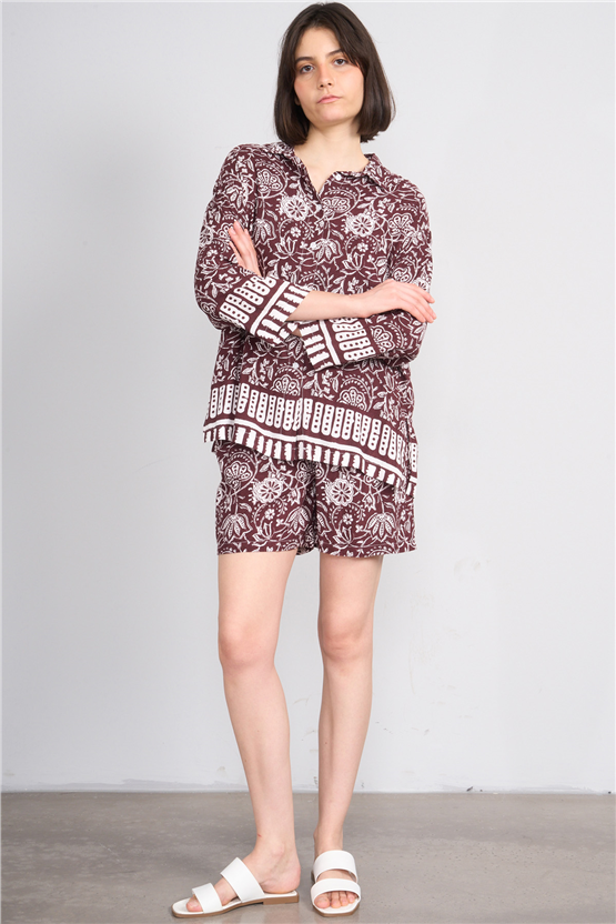 Fithit 7026R Kadın Geniş Paça Viskon Şort Kahve Üzeri Eteği Sulu Desen