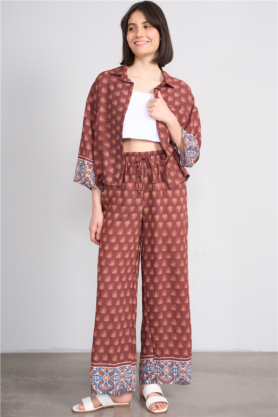Fithit 7079 Bayan Viskon Geniş Paça Pantolon Kahve Üzeri Eteği Sulu Etnik Desen