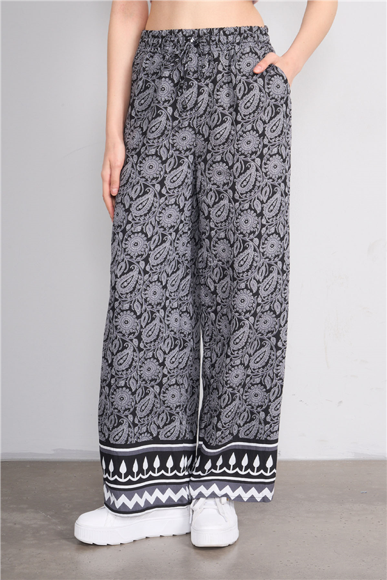 Fithit 7079 Bayan Viskon Geniş Paça Pantolon Siyah Üzeri Şal Desen