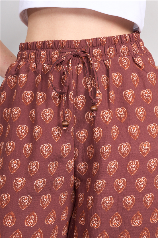 Fithit 7079 Bayan Viskon Geniş Paça Pantolon Kahve Üzeri Eteği Sulu Etnik Desen