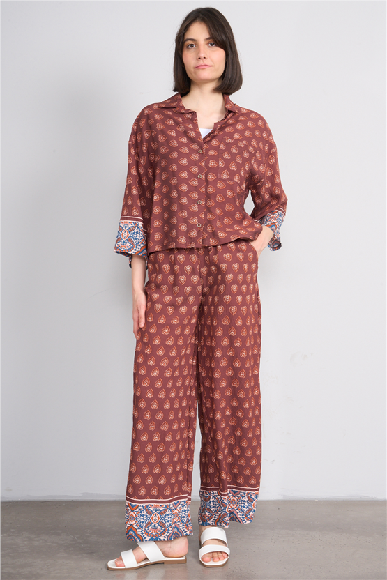 Fithit 7079 Bayan Viskon Geniş Paça Pantolon Kahve Üzeri Eteği Sulu Etnik Desen