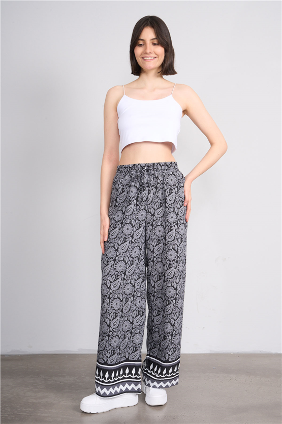 Fithit 7079 Bayan Viskon Geniş Paça Pantolon Siyah Üzeri Şal Desen