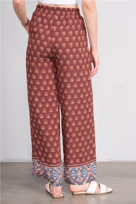 Fithit 7079 Bayan Viskon Geniş Paça Pantolon Kahve Üzeri Eteği Sulu Etnik Desen