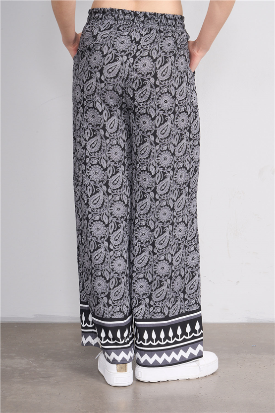 Fithit 7079 Bayan Viskon Geniş Paça Pantolon Siyah Üzeri Şal Desen