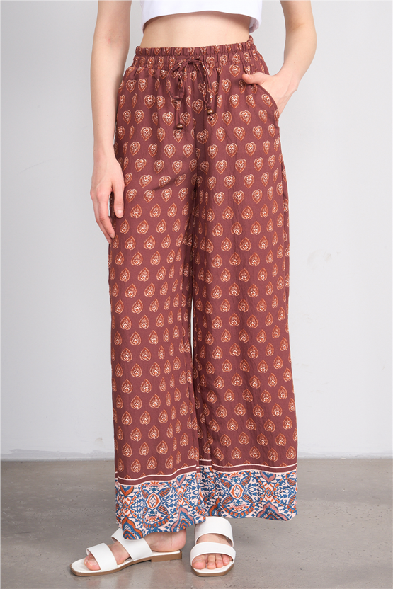 Fithit 7079 Bayan Viskon Geniş Paça Pantolon Kahve Üzeri Eteği Sulu Etnik Desen