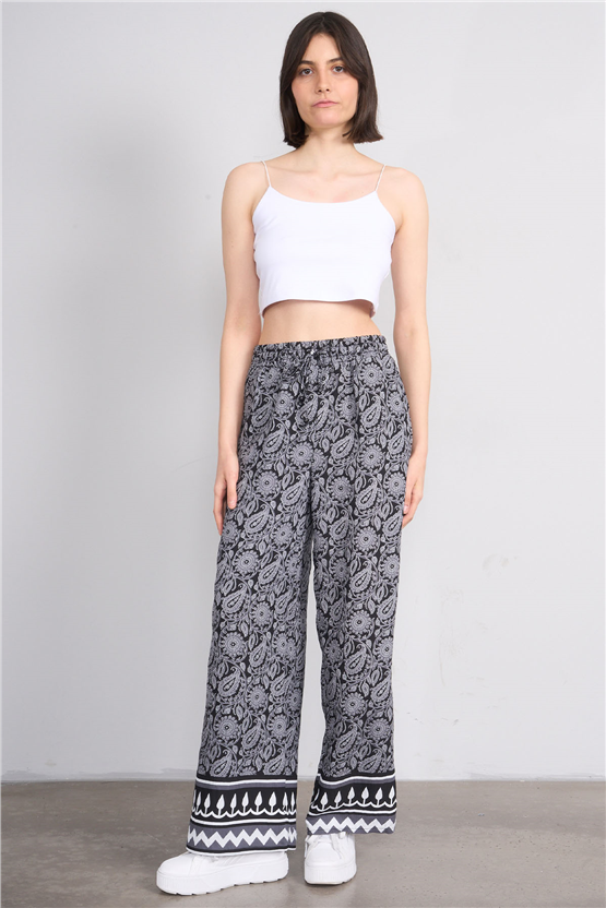 Fithit 7079 Bayan Viskon Geniş Paça Pantolon Siyah Üzeri Şal Desen