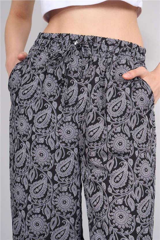 Fithit 7079 Bayan Viskon Geniş Paça Pantolon Siyah Üzeri Şal Desen