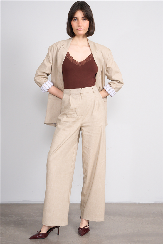 Fithit 7097 Bayan Loose Fit Geniş Paça Pantolon Bej