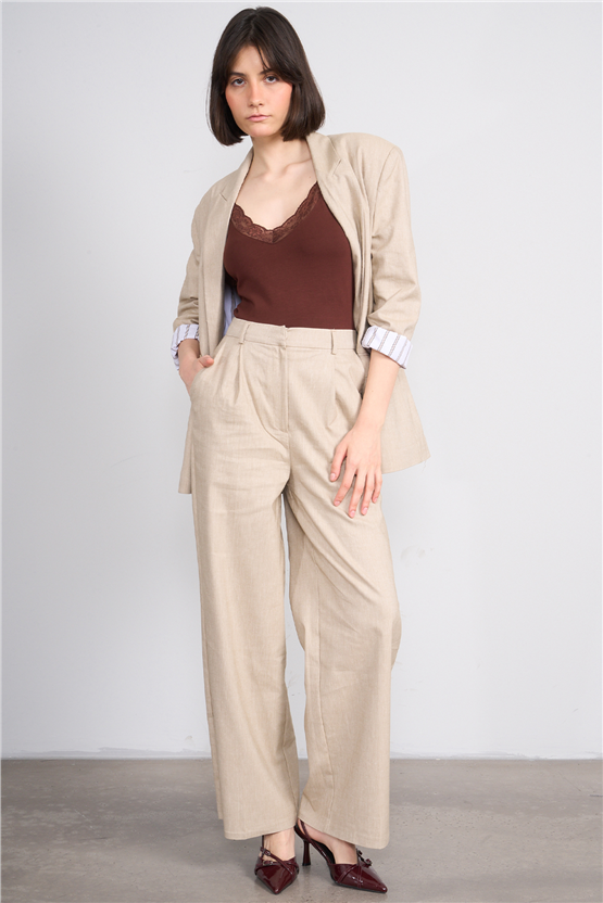 Fithit 7097 Bayan Loose Fit Geniş Paça Pantolon Bej