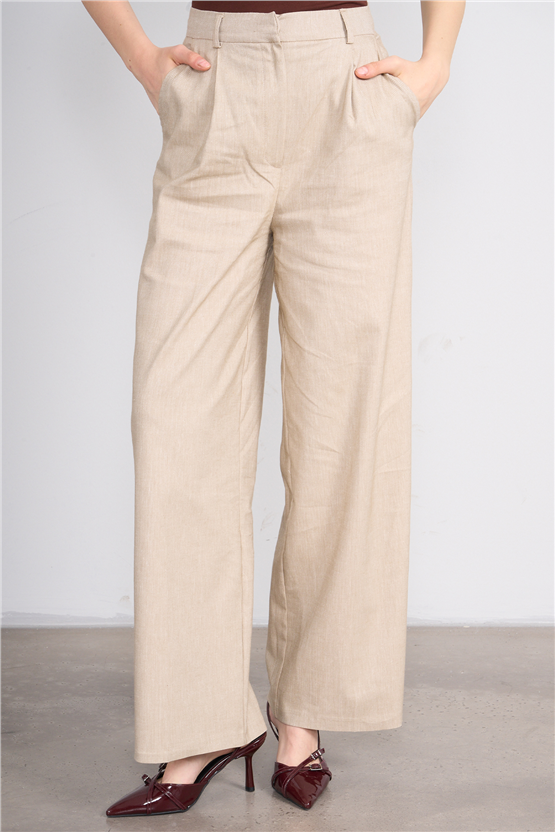 Fithit 7097 Bayan Loose Fit Geniş Paça Pantolon Bej