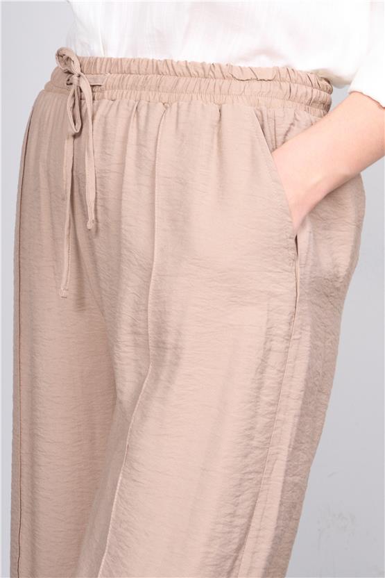 Fithit 7388 Bayan Bol Paça Nervürlü Bodrum Pantolon Koyu Bej