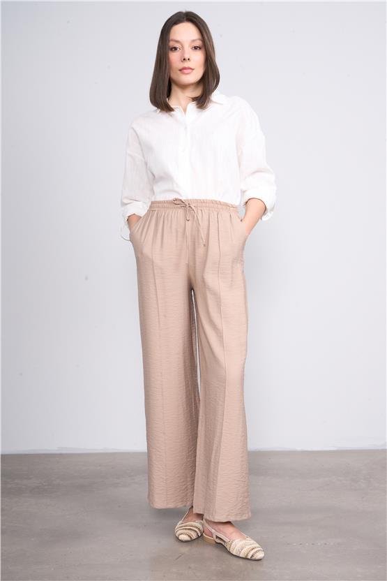 Fithit 7388 Bayan Bol Paça Nervürlü Bodrum Pantolon Koyu Bej