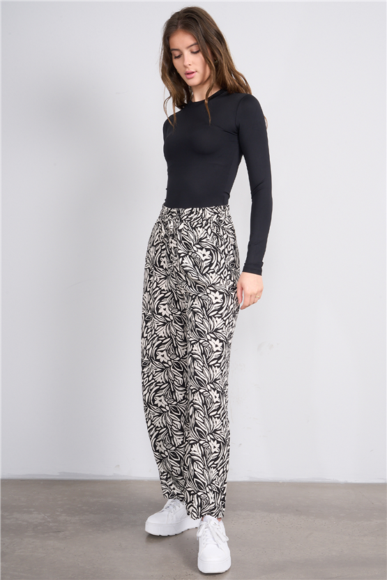 Fithit 7454 Bayan Viskon Geniş Paça Pantolon Siyah Üzeri Çiçek Desen