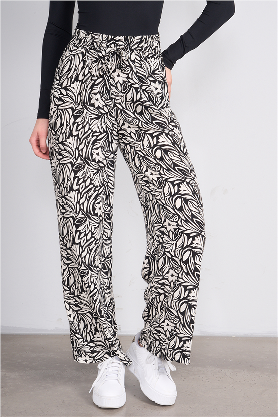 Fithit 7454 Bayan Viskon Geniş Paça Pantolon Siyah Üzeri Çiçek Desen