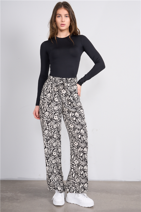 Fithit 7454 Bayan Viskon Geniş Paça Pantolon Siyah Üzeri Çiçek Desen