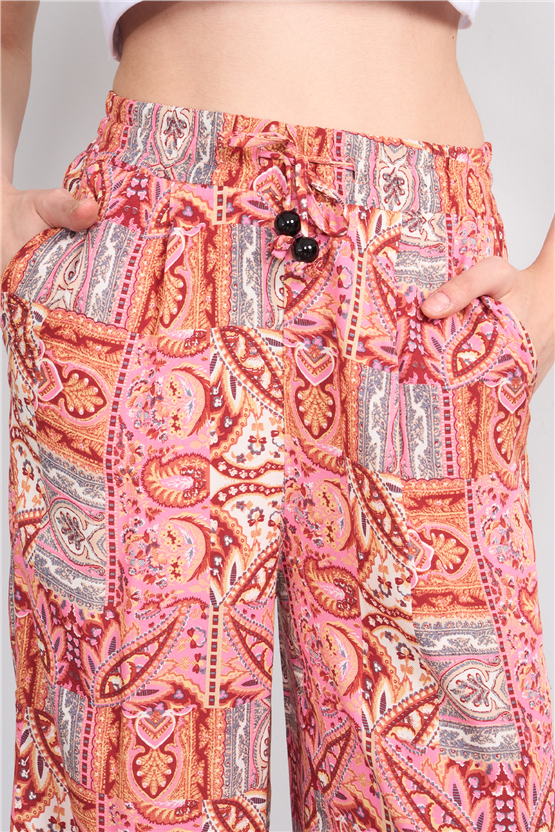 Fithit 7454 Bayan Viskon Geniş Paça Pantolon Romantik Patchwork Desen