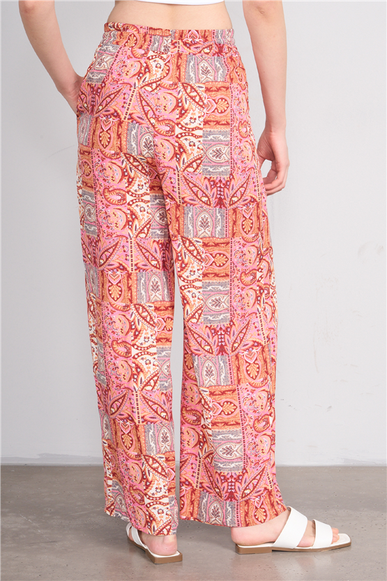 Fithit 7454 Bayan Viskon Geniş Paça Pantolon Romantik Patchwork Desen