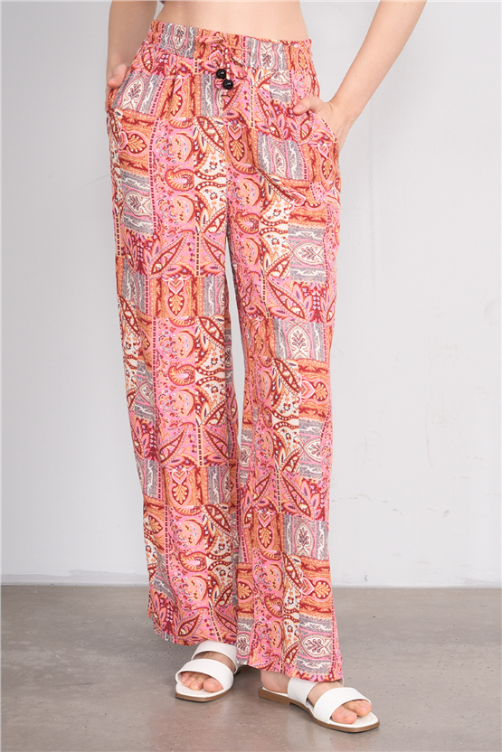 Fithit 7454 Bayan Viskon Geniş Paça Pantolon Romantik Patchwork Desen