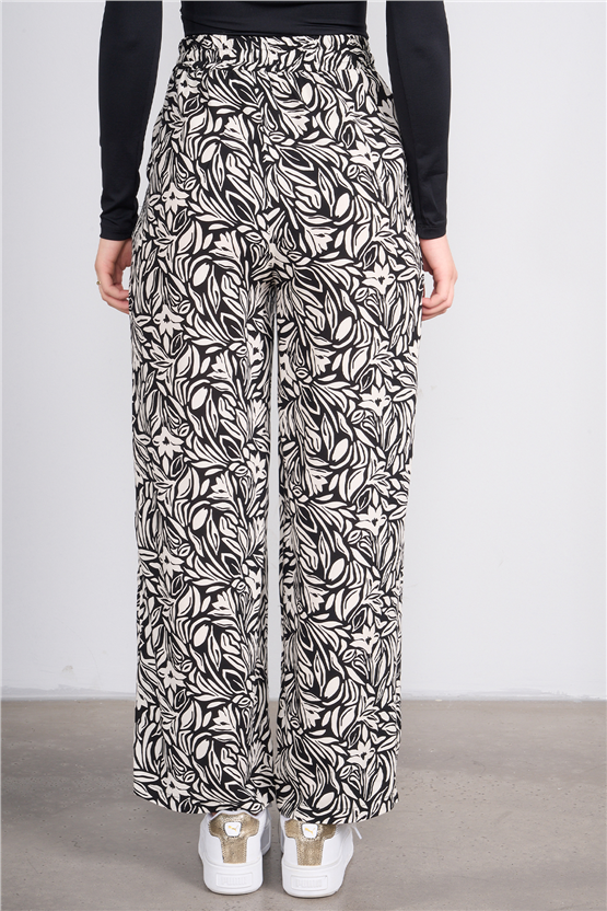 Fithit 7454 Bayan Viskon Geniş Paça Pantolon Siyah Üzeri Çiçek Desen