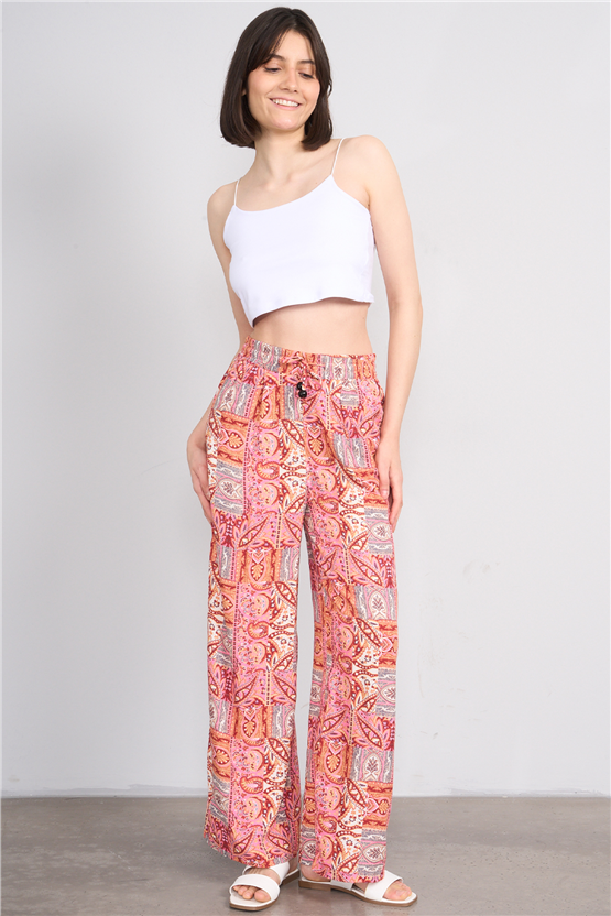 Fithit 7454 Bayan Viskon Geniş Paça Pantolon Romantik Patchwork Desen