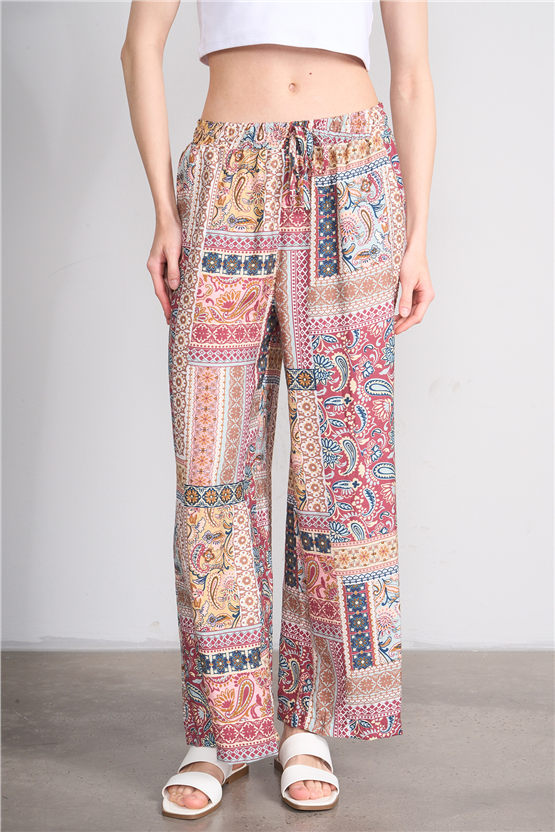 Fithit 7496 Bayan Viskon Geniş Paça Pantolon Patchwork Desen