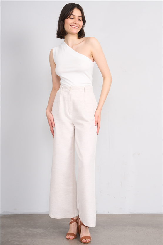 Fithit 7533 Bayan Hiri Keten Geniş Paça Pantolon Natural
