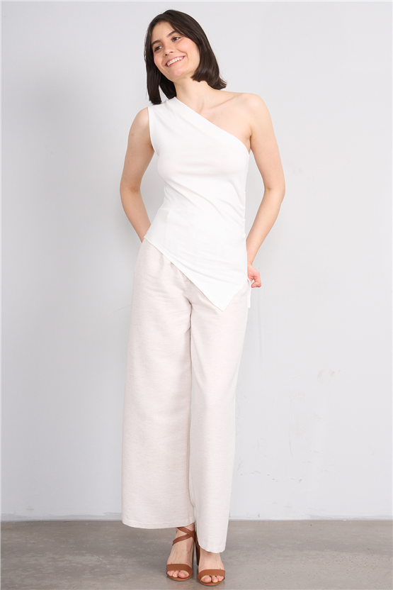 Fithit 7533 Bayan Hiri Keten Geniş Paça Pantolon Natural