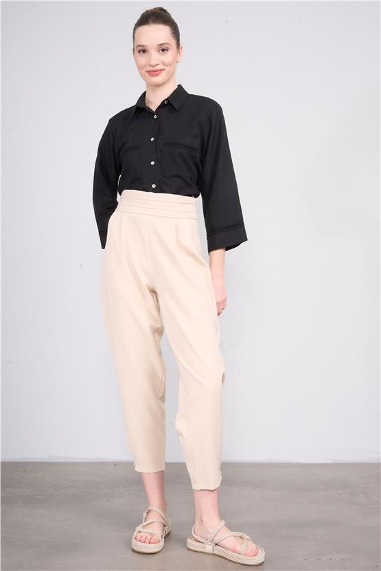 Fithit 7798 Bayan Pileli Geniş Paça Double Pantolon Bej