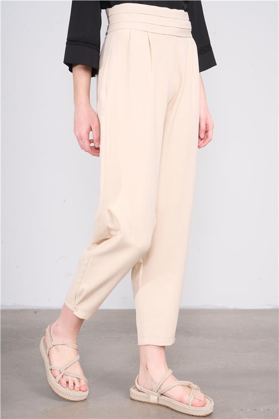 Fithit 7798 Bayan Pileli Geniş Paça Double Pantolon Bej