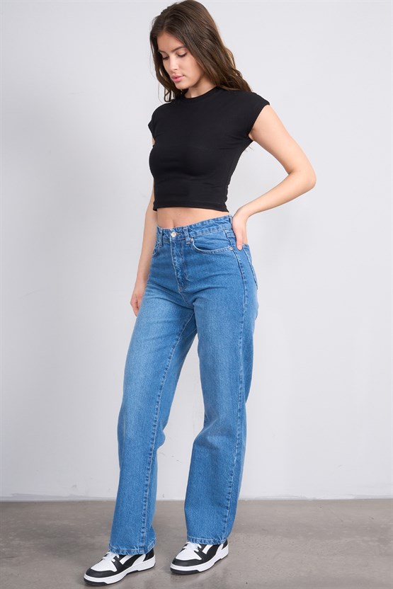 Fithit 7810 Bayan Jean Maria Wide Leg Pantolon Orta Mavi