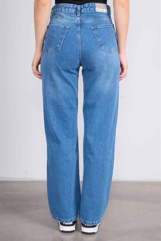 Fithit 7810 Bayan Jean Maria Wide Leg Pantolon Orta Mavi