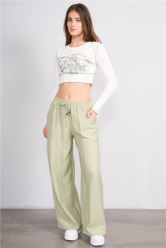 Fithit 7819 Bayan Viskon Geniş Paça Nervürlü Pantolon Açık Yeşil