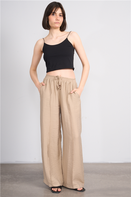 Fithit 7819 Bayan Viskon Geniş Paça Nervürlü Pantolon Vizon