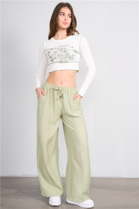 Fithit 7819 Bayan Viskon Geniş Paça Nervürlü Pantolon Açık Yeşil