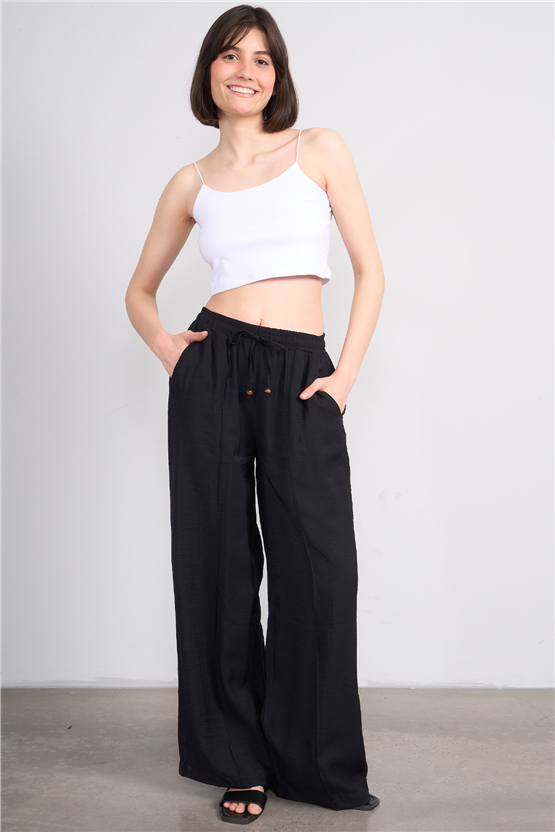 Fithit 7819 Bayan Viskon Geniş Paça Nervürlü Pantolon Siyah