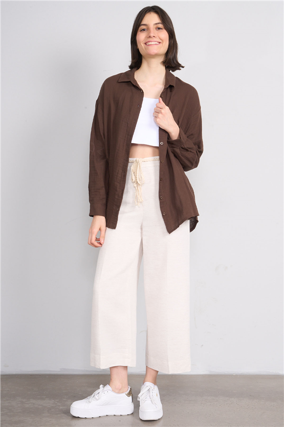 Fithit 7837 Bayan Geniş Paça Keten Pantolon Natural