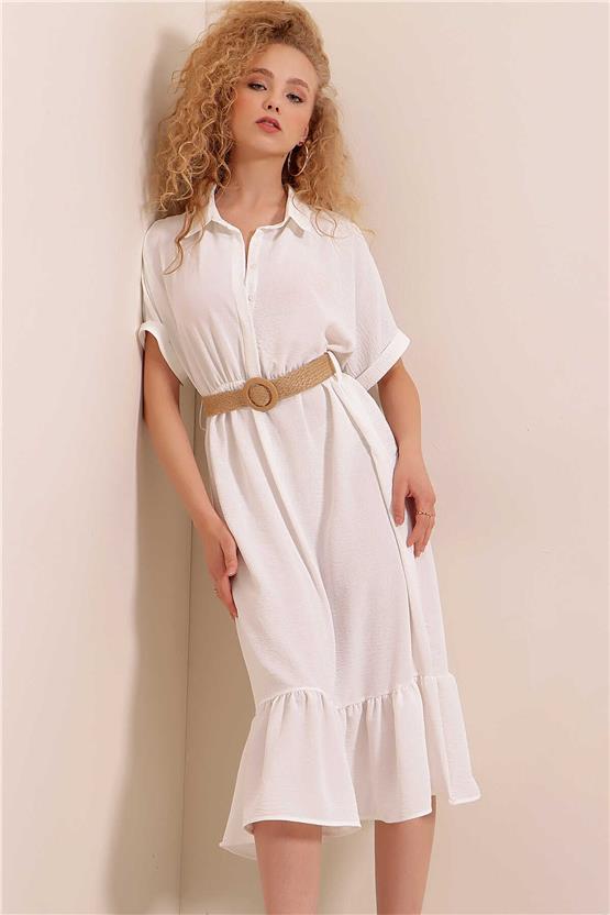 Bigdart 2292 Beyaz Kadın Kemerli Elbise